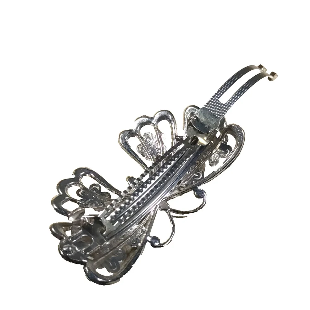 Butterfly Silver Tone Hair Barrette Tension Clip Rhinestone